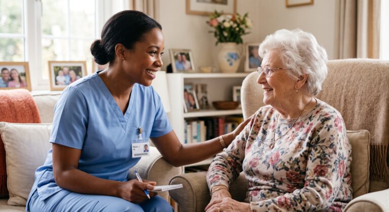 Hospice care team member listening to a patient