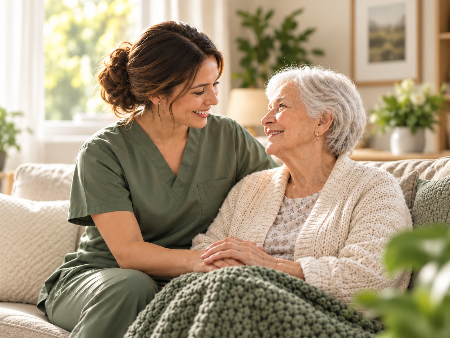 Hospice caregiver sitting with an older adult in a warm home setting